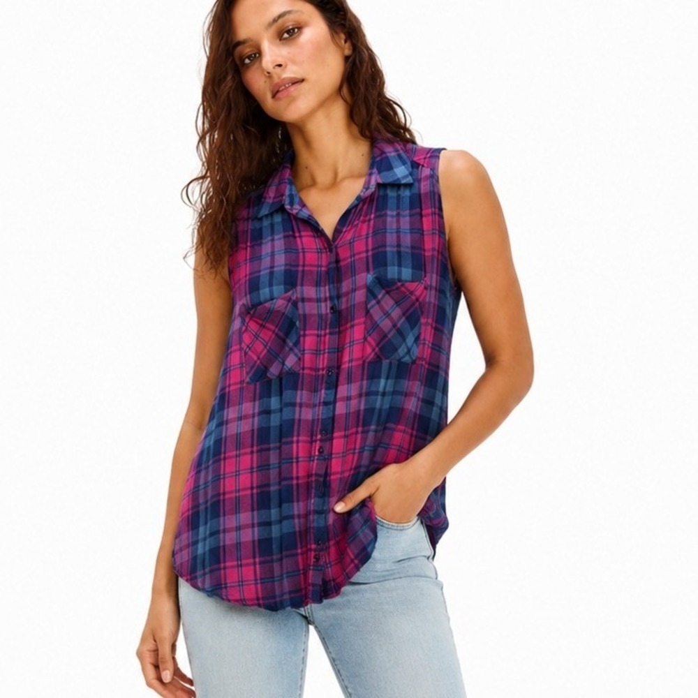 Seven7 Womens Pink Blue Plaid Sleeveless Button Down Rayon Shirt Size L